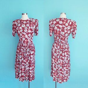 1980s does 1940s Burgundy Seashell Novelty Print Dress by Karin Stevens